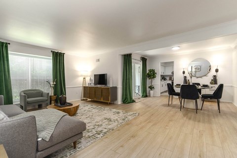 A living room with a grey sofa, a wooden coffee table, a TV, a dining table with chairs, and a rug.