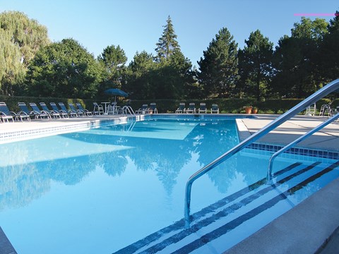 A pool with a metal ladder and a blue umbrella in the background.