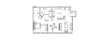 A floor plan of a house with a living room, kitchen, bathroom and two bedrooms.