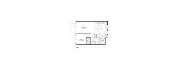 A floor plan of a residential area with a kitchen, living room, dining room, and bathrooms.