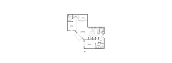 A floor plan of a house with a living room, two bedrooms, a bathroom, and a kitchen.
