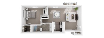 A 3D floor plan of a small apartment with a kitchen, living room, and bathroom.