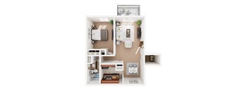 A top-down view of a small apartment with a kitchen, living room, and bedroom.