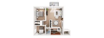 A 3D floor plan of a small apartment with a kitchen, living room, and bathroom.