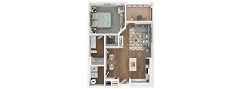 a stylized floor plan with a bedroom and a living room