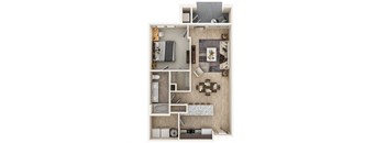 a stylized floor plan with a bedroom and a living room
