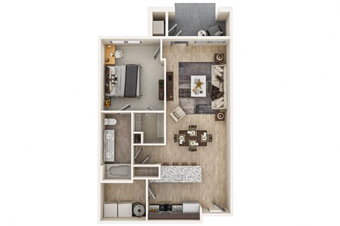 a stylized floor plan with a bedroom and a living room
