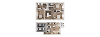 A top-down view of a two-story house with a garage and a living area.