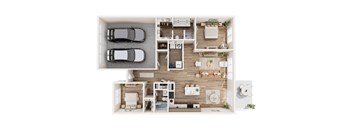 A top-down view of a small apartment with two cars parked outside.