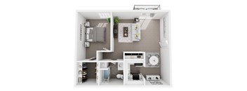 A 3D floor plan of a small apartment with a kitchen, living room, and bathroom.