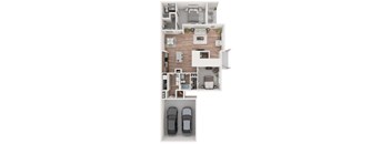 A floor plan of a house with two bedrooms, a living room, a kitchen, and a garage for two cars.