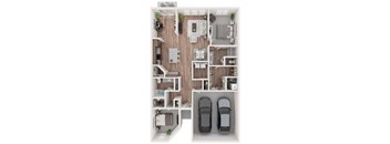 A 3D floor plan of a house with two bedrooms, a living room, a kitchen, a bathroom, and two parking spaces.