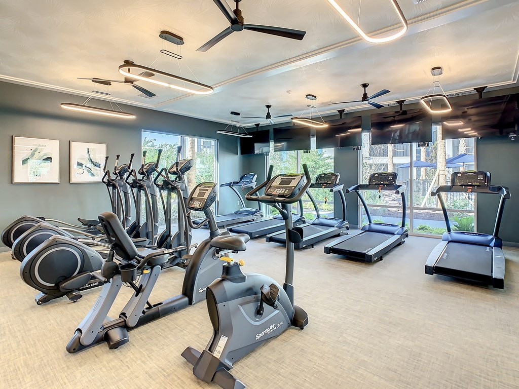 a gym with various cardio machines and windows