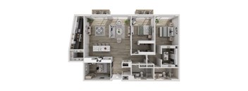 A 3D floor plan of a house with a kitchen, living room, and bathroom.