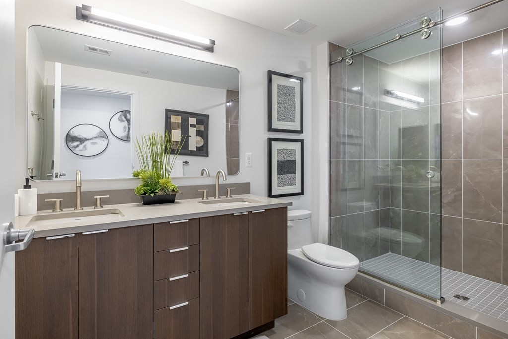 A modern bathroom with a walk-in shower and double sinks.