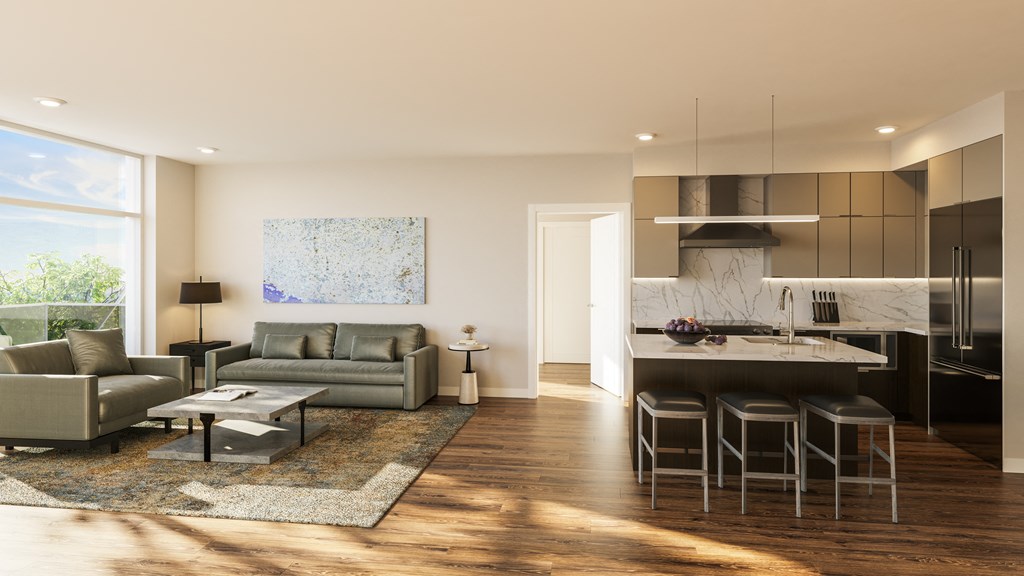 a rendering of a living room with a kitchen