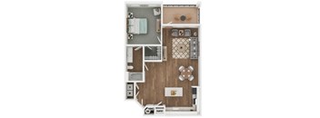 a stylized floor plan with a bedroom and a living room