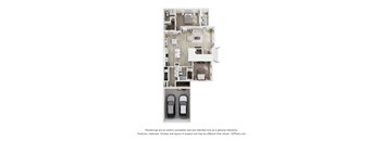A 3D floor plan of a house with two bedrooms, a living room, a kitchen, and a garage.