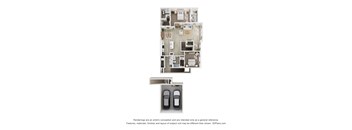 A 3D floor plan of a house with a garage.