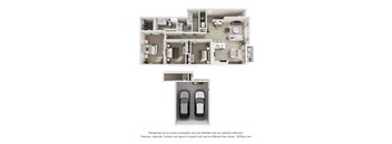 A 3D floor plan of a house with two cars parked in the garage.