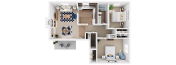 a 3d drawing of the living room of a house with furniture and a balcony