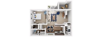 a 3d rendering of a 1 bedroom floor plan with a bathroom and a kitchen