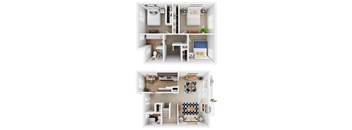 a 3d rendering of a bedroom and a living room