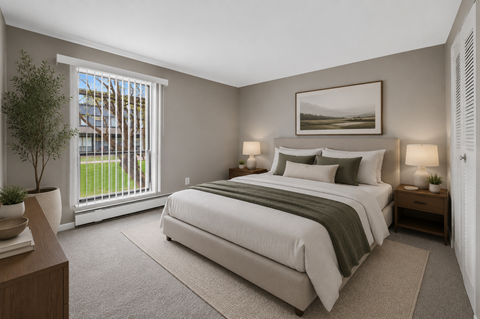A bedroom with a large bed and a view of the outside through the window.