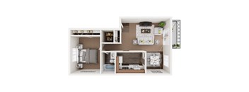 A top-down view of a small apartment with a kitchen, living room, and bedroom.