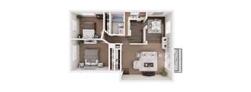 A top-down view of a small apartment layout with a kitchen, living room, and bathroom.