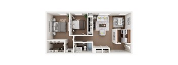 A cutaway view of a small apartment showing the layout of the living room, kitchen, and bedroom.