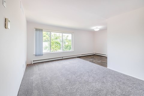 A room with a carpeted floor and a window with curtains.