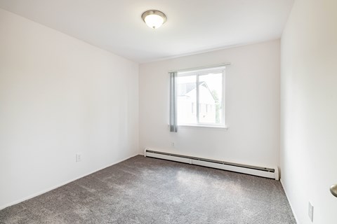 A room with a window and a radiator on the wall.