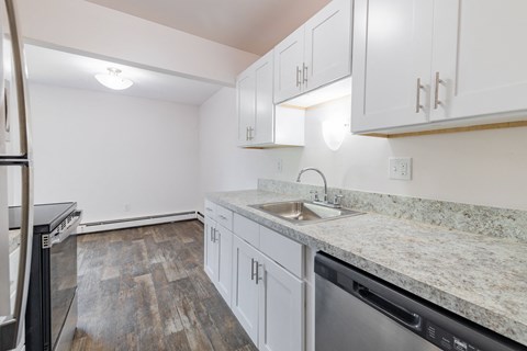 A kitchen with a sink and a dishwasher.