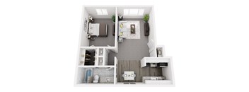A top down view of a small apartment with a kitchen, living room, and bathroom.