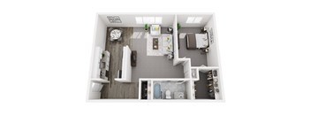 A top-down view of a modern, minimalist bathroom with a toilet, sink, and shower.