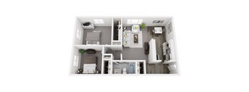 A top-down view of a small, neatly organized apartment.