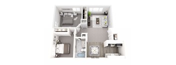 A top down view of a small apartment with a bedroom, living room, kitchen, and bathroom.