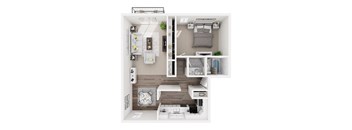 A top-down view of a small, neatly organized apartment with a kitchen, living room, and bedroom.