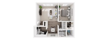 A 3D floor plan of a small apartment with a kitchen, living room, and bedroom.