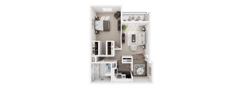 A top-down view of a small, neatly organized apartment with a kitchen, living room, and bedroom.