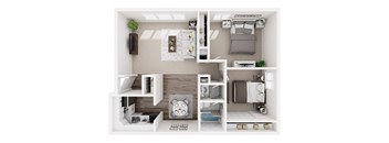 A small room with a bed, a desk, and a shelf.
