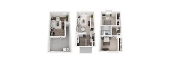 Three different layouts of a small apartment.