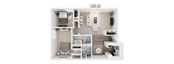 A modern, minimalist floor plan of a small apartment with a kitchen, living room, and bedroom.
