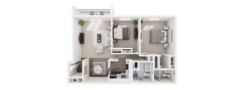 A white and grey 3D floor plan of a small apartment.