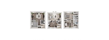 Three different layouts of a small apartment are shown.