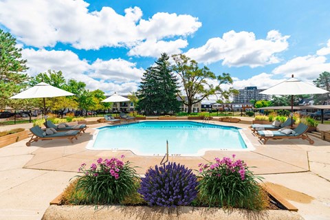 A pool surrounded by a landscaped garden with purple flowers.