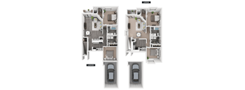 A diagram shows the layout of a two-story apartment, with the upper floor featuring a living room, kitchen, and bedrooms, and the lower floor having a garage for two cars.