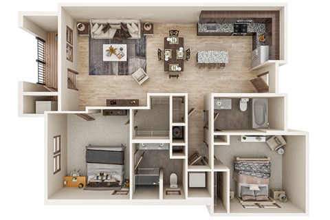 a 3d floor plan of a house with a bedroom and a living room