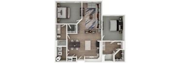 a 2 bedroom floor plan with a bathroom and a living room